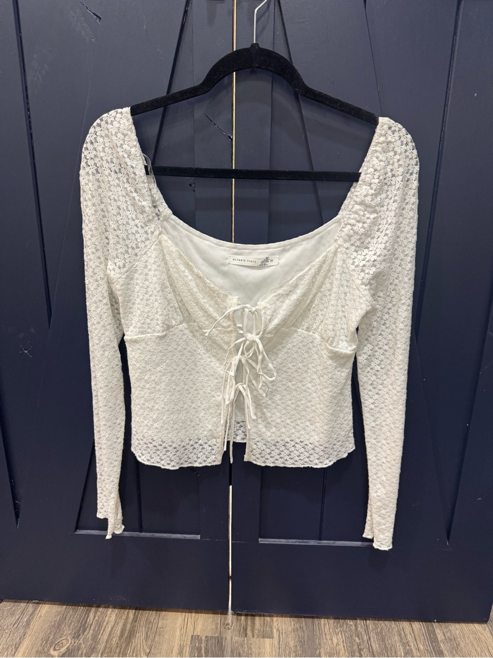 Altar'd State Ivory Crochet Tie-Front Long Sleeve Top